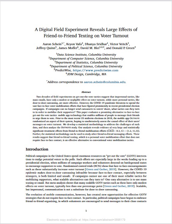 A Digital Field Experiment Reveals Large Effects of Friend-to-Friend Texting on Voter Turnout